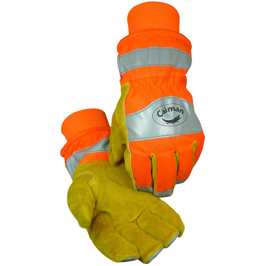 Caiman 1353-4 Premium Split Cowhide Leather Palm Glove with Hi-Vis Water Resistant Fabric Back - Heatrac Insulation