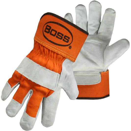 Boss 1JL2393S Premium Grade Split Cowhide Leather Double Palm Glove with Fabric Back and Aramid Stitching - Rubberized Safety Cuff