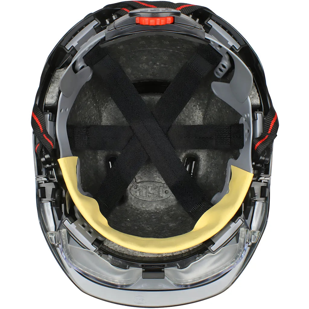 Jsp 280-Evlv-Ch-11Sr Type I, Vented Industrial Safety Helmet With Fully Adjustable Four Point Chinstrap, Lightweight Abs Shell, Integrated Ansi Z87.1 Eye Protection, 6-Point Polyester Suspension And Wheel Ratchet Adjustment 280-EVLV-CH-11SR-12023