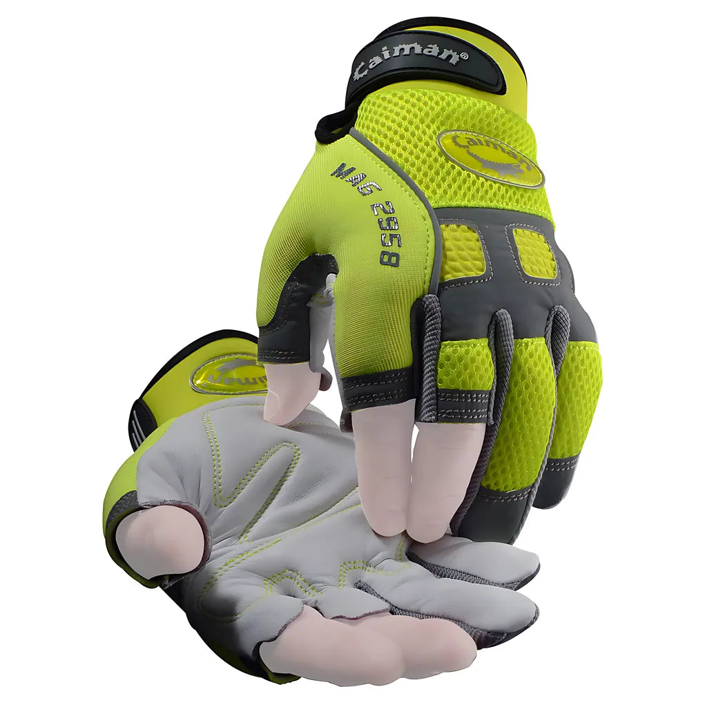 Caiman 2958-4 Multi-Activity Glove With Sheep Grain Leather Palm And Hi-Vis Airmesh Back - Partial Half-Finger 2958-4-12851