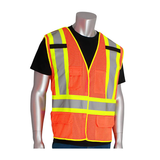 Pip 302-0212-Or/2X Ansi Type R Class 2 Two-Tone Five Pocket Breakaway Mesh Vest 302-0212-OR2X-13436
