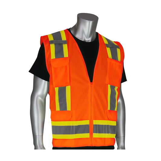 Pip 302-0500-Org/2X Ansi Type R Class 2 Two-Tone Eleven Pocket Surveyors Vest With Solid Front And Mesh Back 302-0500-ORG2X-13461
