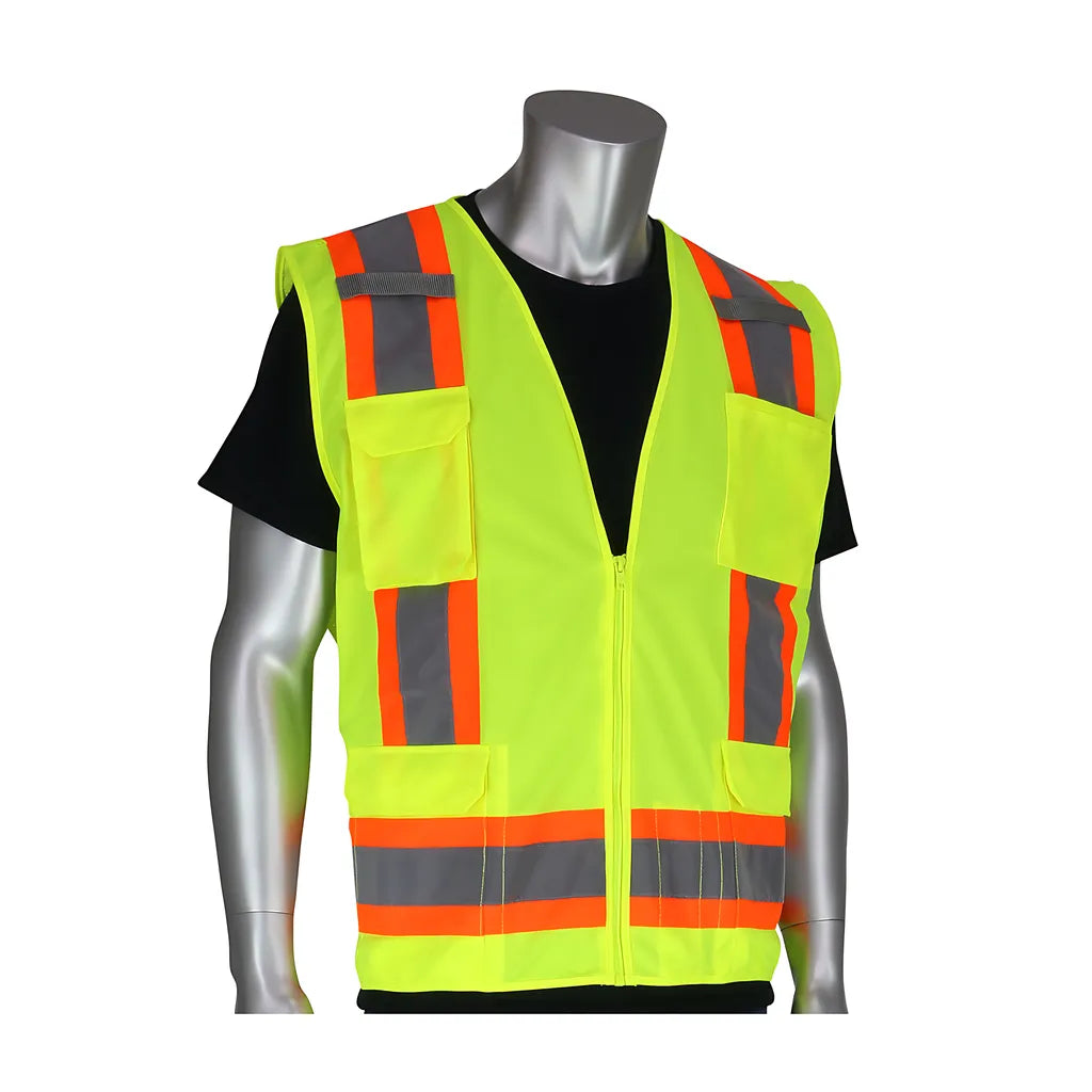 Pip 302-0500-Yel/4X Ansi Type R Class 2 Two-Tone Eleven Pocket Surveyors Vest With Solid Front And Mesh Back 302-0500-YEL4X-13483