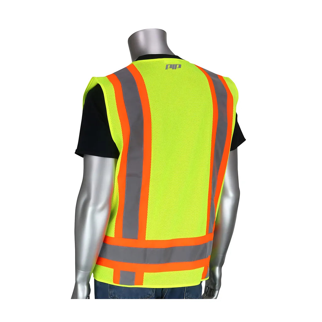 Pip 302-0500-Yel/4X Ansi Type R Class 2 Two-Tone Eleven Pocket Surveyors Vest With Solid Front And Mesh Back 302-0500-YEL4X-13484