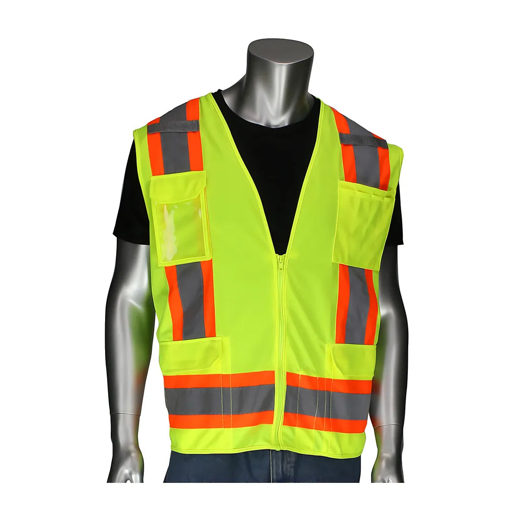 Pip 302-0500D-Ly/5X Ansi Type R Class 2 Two-Tone Eleven Pocket Surveyors Vest With Solid Front, Mesh Back And "D" Ring Access 302-0500D-LY5X-13523