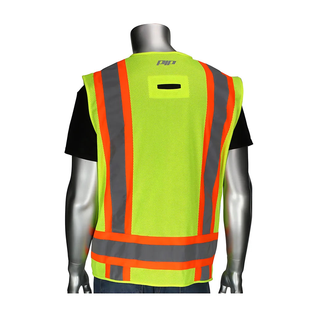 Pip 302-0500D-Ly/5X Ansi Type R Class 2 Two-Tone Eleven Pocket Surveyors Vest With Solid Front, Mesh Back And "D" Ring Access 302-0500D-LY5X-13524