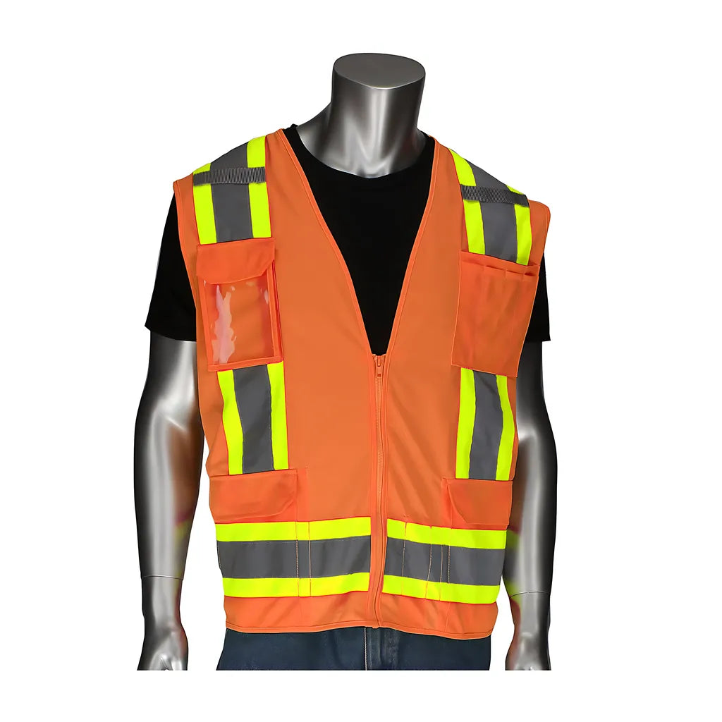 Pip 302-0500D-Or/L Ansi Type R Class 2 Two-Tone Eleven Pocket Surveyors Vest With Solid Front, Mesh Back And "D" Ring Access 302-0500D-ORL-13497