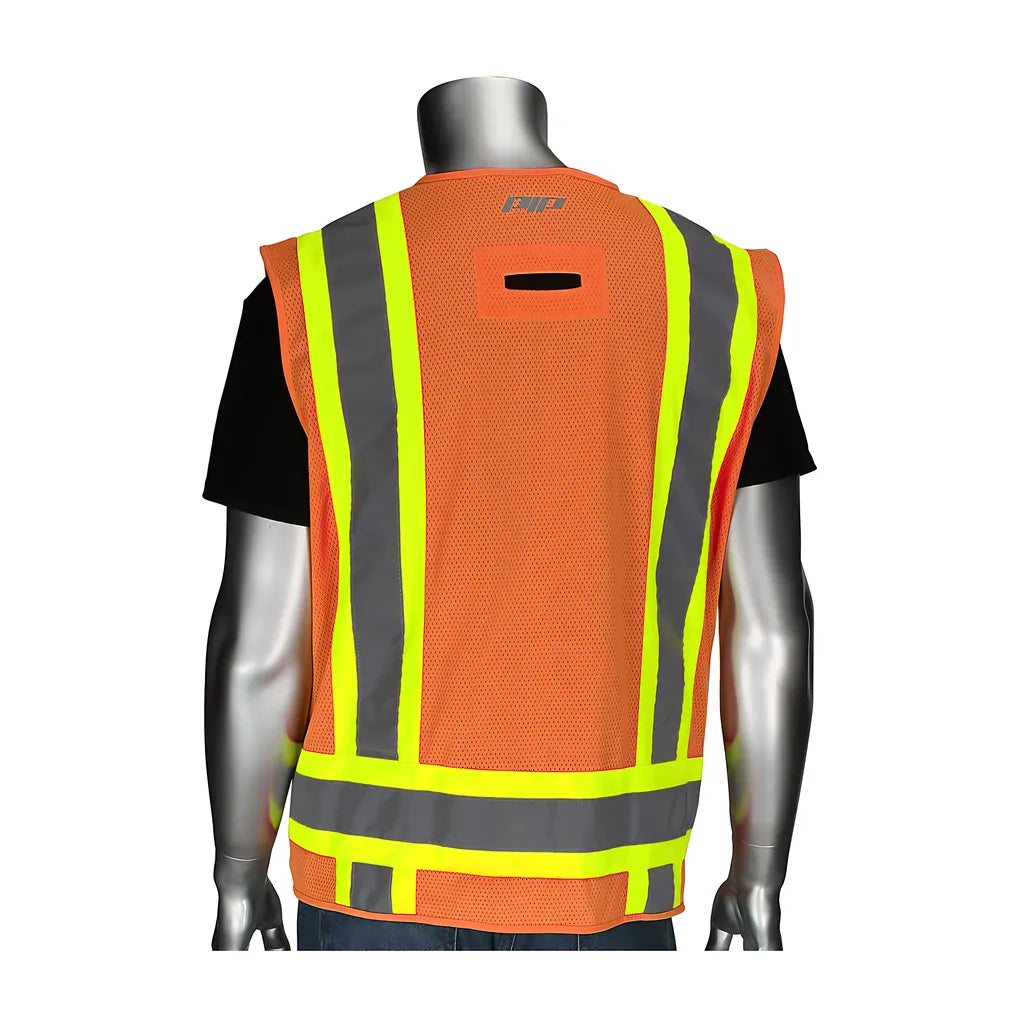 Pip 302-0500D-Or/L Ansi Type R Class 2 Two-Tone Eleven Pocket Surveyors Vest With Solid Front, Mesh Back And "D" Ring Access 302-0500D-ORL-13498