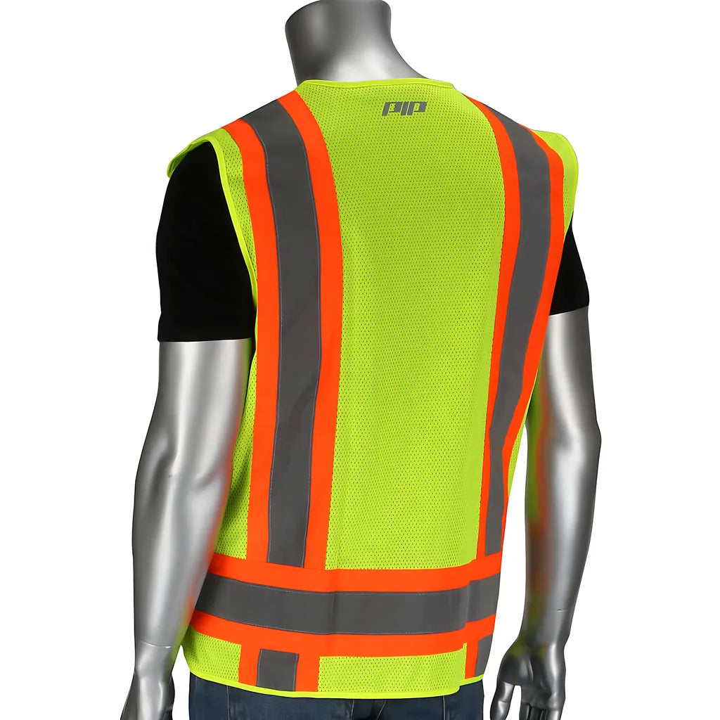 Pip 302-0505-Ly/S Ansi Type R Class 2 Mesh Breakaway Eleven Pocket Surveyors Vest 302-0505-LYS-13614