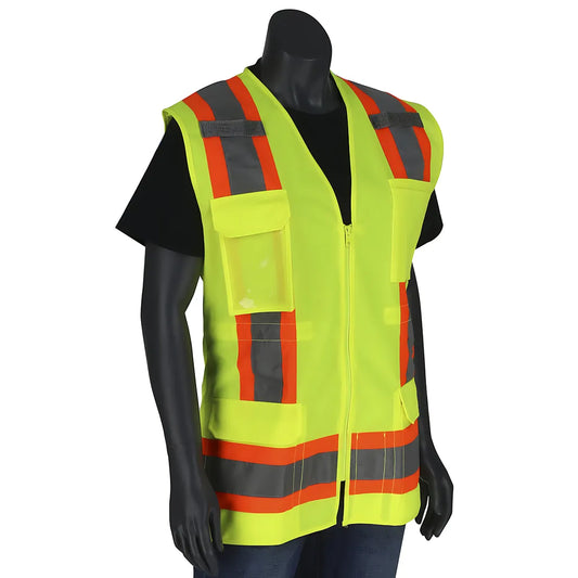 Pip 302-0512-Ly/S Ansi Type R Class 2 Women'S Contoured Two-Tone Eleven Pocket Surveyors Vest With Solid Front And Mesh Back 302-0512-LYS-13635