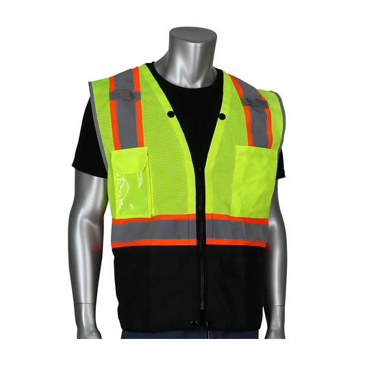 Pip 302-0650D-Ly/S Ansi Type R Class 2 Two-Tone Eleven Pocket Tech-Ready Mesh Surveyors Vest With Ripstop Black Bottom Front And "D" Ring Access 302-0650D-LYS-13740