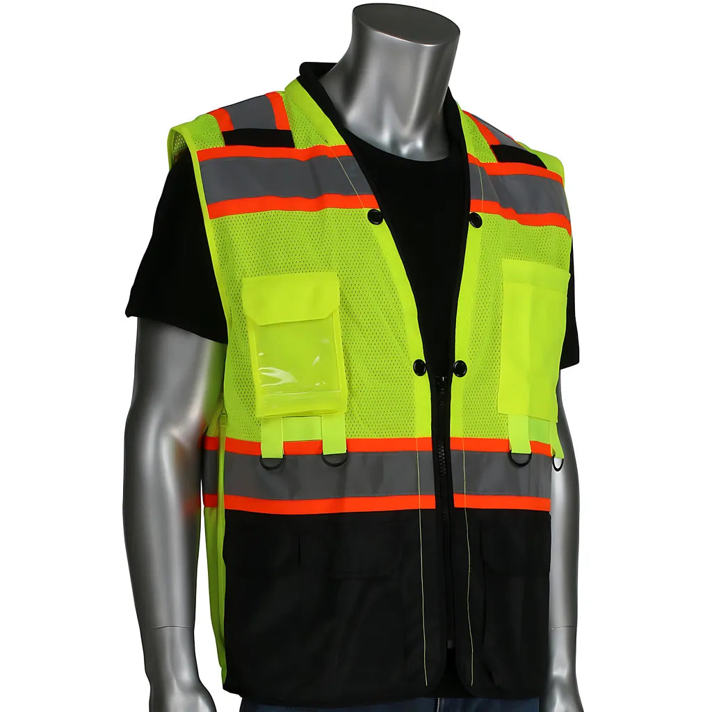 Pip 302-0670T-Ly/3X Ansi Type R Class 2 Two-Tone Twelve Pocket Tethering Vest With Ripstop Black Bottom Front And "D" Ring Access 302-0670T-LY3X-13767
