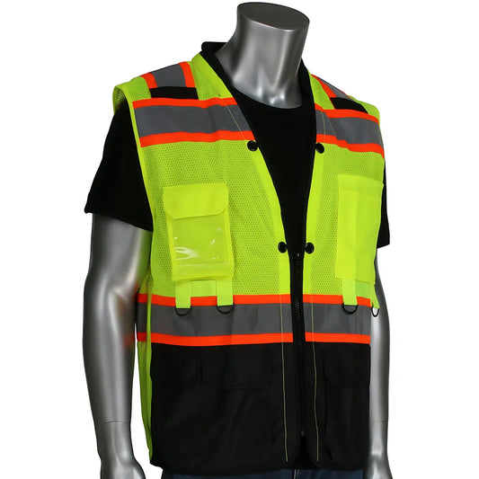 Pip 302-0670T-Ly/L Ansi Type R Class 2 Two-Tone Twelve Pocket Tethering Vest With Ripstop Black Bottom Front And "D" Ring Access 302-0670T-LYL-13761