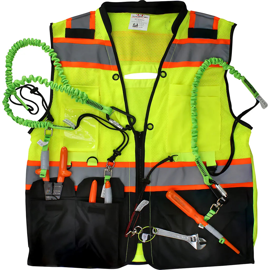 Pip 302-0670T-Ly/L Ansi Type R Class 2 Two-Tone Twelve Pocket Tethering Vest With Ripstop Black Bottom Front And "D" Ring Access 302-0670T-LYL-13762