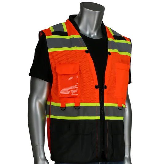 Pip 302-0670T-Or/5X Ansi Type R Class 2 Two-Tone Twelve Pocket Tethering Vest With Ripstop Black Bottom Front And "D" Ring Access 302-0670T-OR5X-13755
