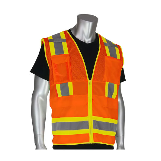 Pip 302-0700-Or/5X Ansi Type R Class 2 Two-Tone Ten Pocket Surveyors Tech Vest 302-0700-OR5X-13794