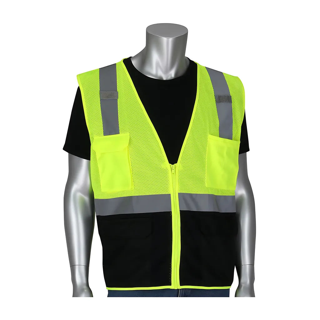 Pip 302-0710B-Ly/4X Ansi Type R Class 2 Five Pocket Value Mesh Vest With Black Bottom Front 302-0710B-LY4X-13921