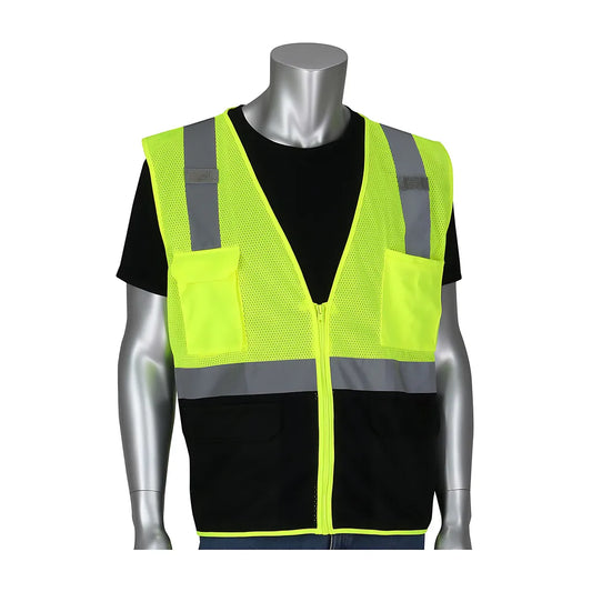Pip 302-0710B-Ly/Xl Ansi Type R Class 2 Five Pocket Value Mesh Vest With Black Bottom Front 302-0710B-LYXL-13918