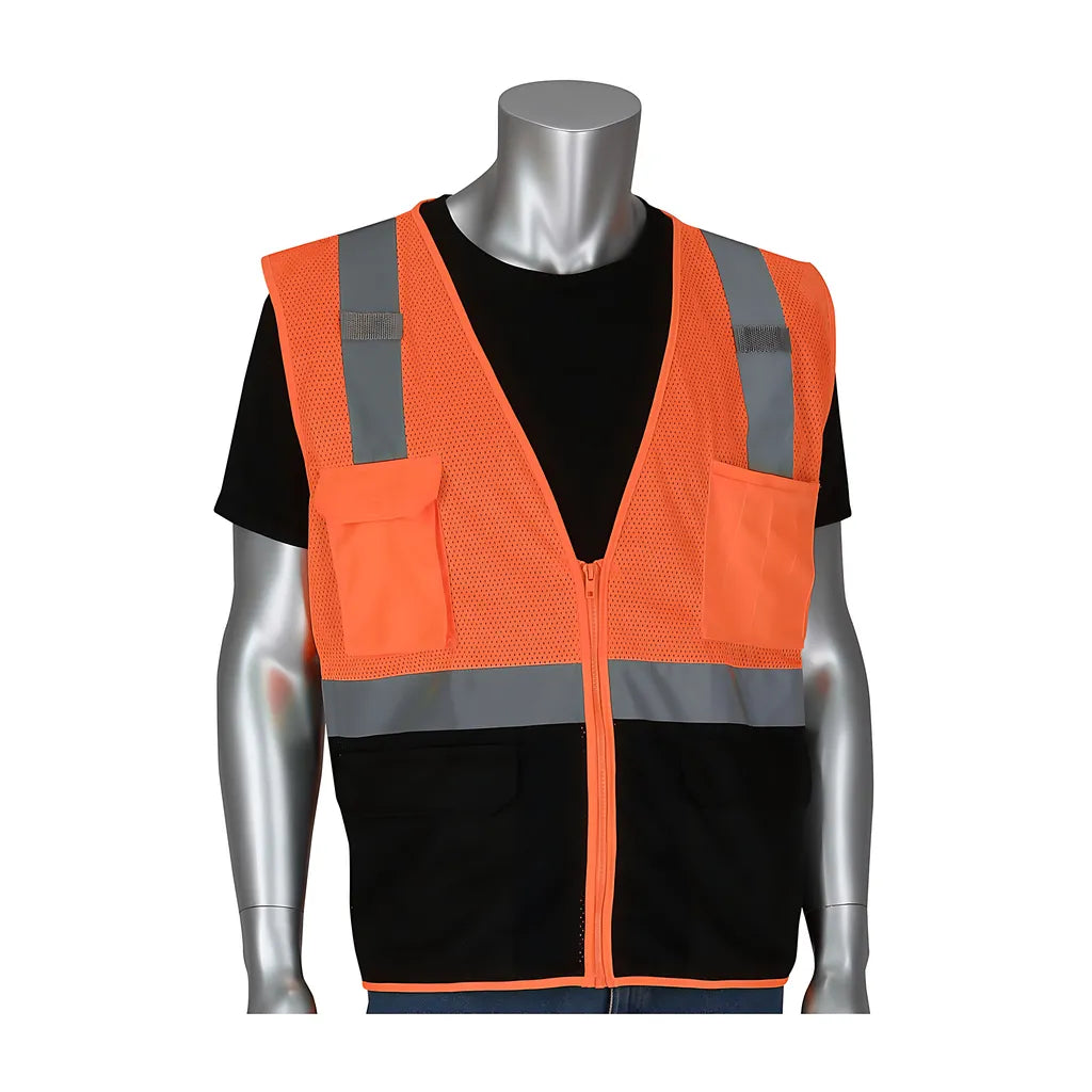 Pip 302-0710B-Or/4X Ansi Type R Class 2 Five Pocket Value Mesh Vest With Black Bottom Front 302-0710B-OR4X-13913