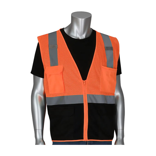 Pip 302-0710B-Or/L Ansi Type R Class 2 Five Pocket Value Mesh Vest With Black Bottom Front 302-0710B-ORL-13909