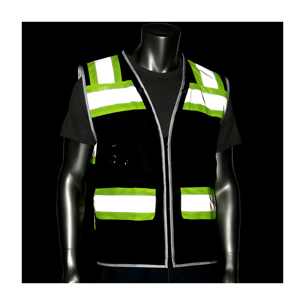 Pip 302-0800D-Bk/L Ansi Type O Class 1 Black Two-Tone Eleven Pocket Tech-Ready Mesh Surveyors Vest 302-0800D-BKL-13979