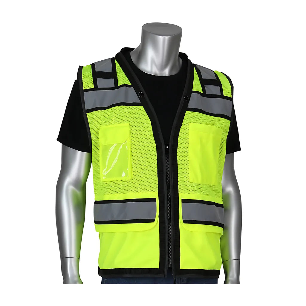 Pip 302-0800D-Ly/S Ansi Type R Class 2 Black Two-Tone Eleven Pocket Tech-Ready Mesh Surveyors Vest With "D" Ring Access 302-0800D-LYS-13963