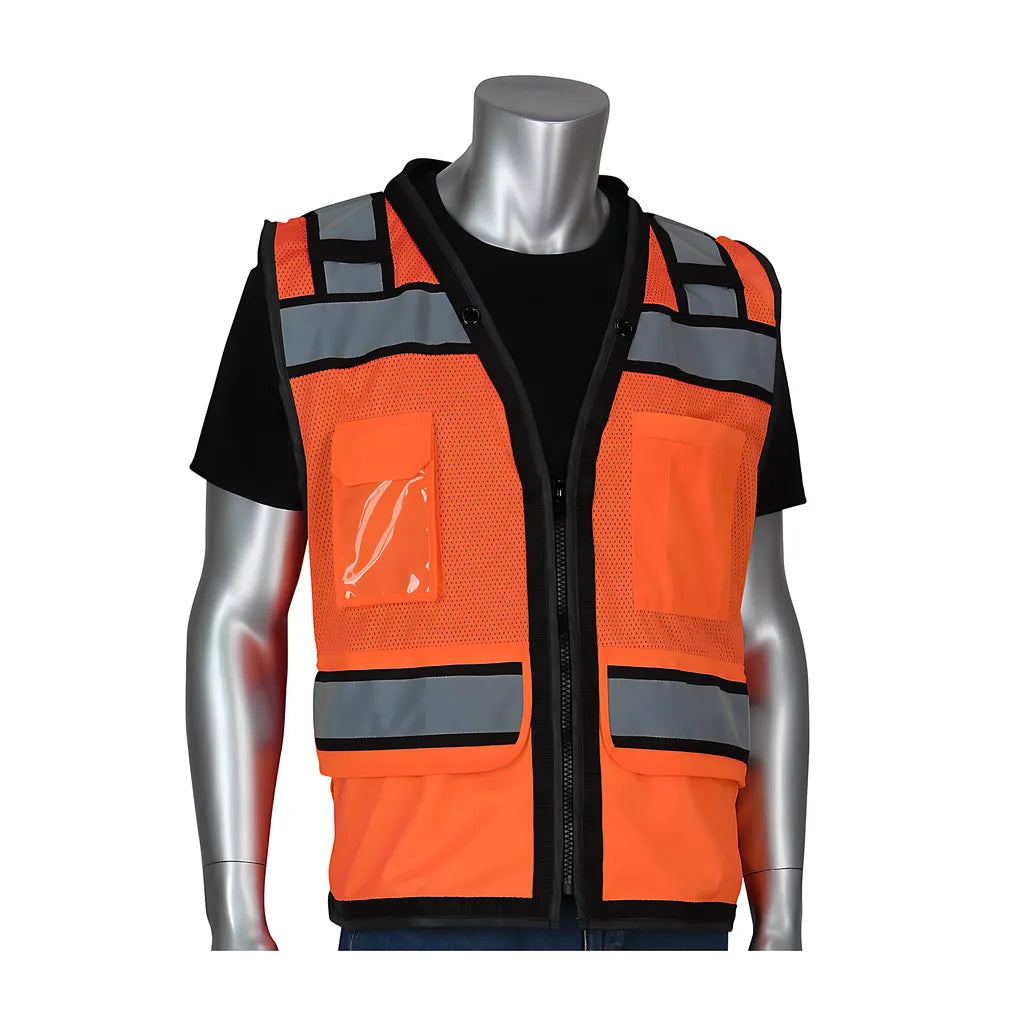 Pip 302-0800D-Or/L Ansi Type R Class 2 Black Two-Tone Eleven Pocket Tech-Ready Mesh Surveyors Vest With "D" Ring Access 302-0800D-ORL-13957