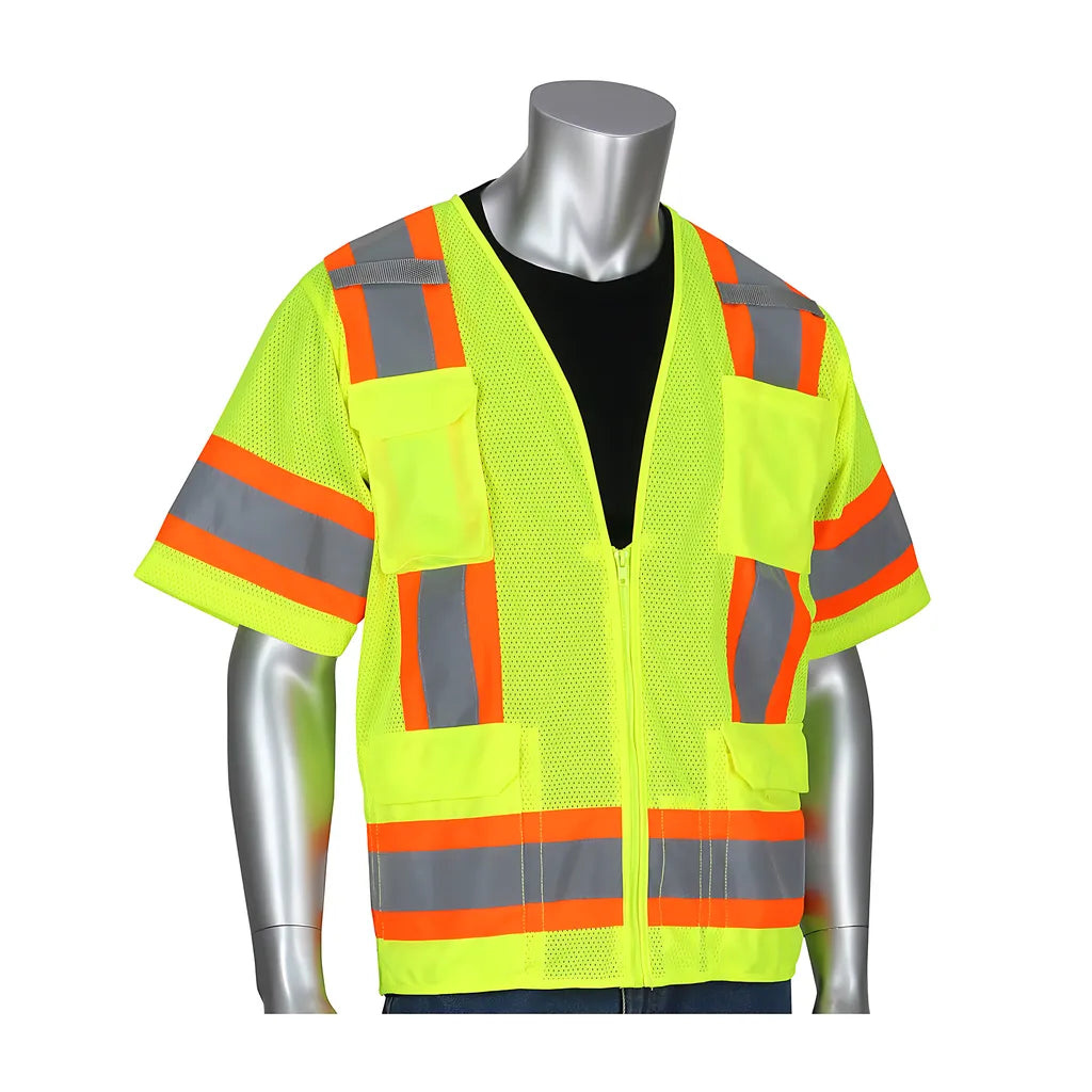 Pip 303-0500M-Ly/5X Ansi Type R Class 3 Two-Tone Eleven Pocket Mesh Surveyors Vest 303-0500M-LY5X-14641