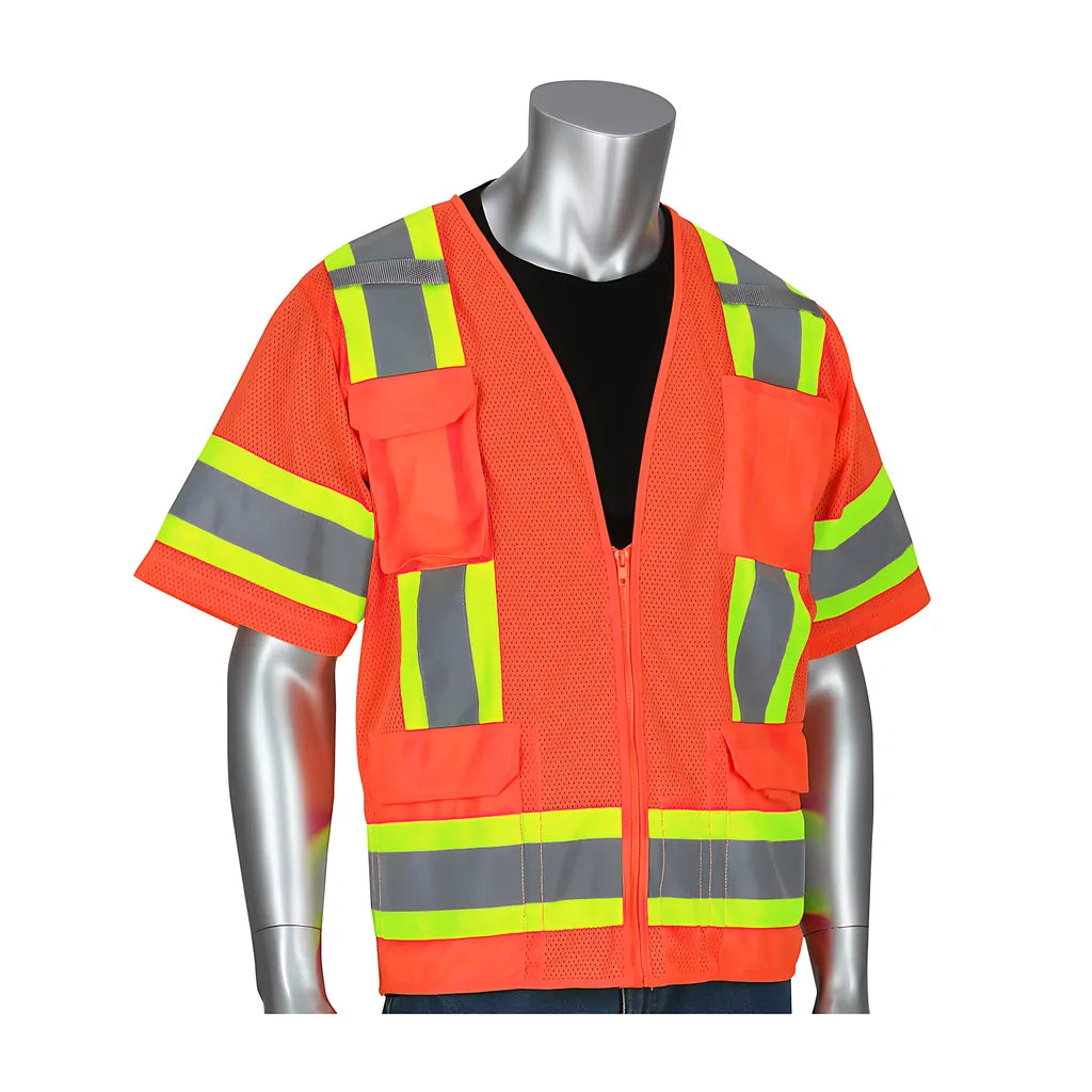 Pip 303-0500M-Or/S Ansi Type R Class 3 Two-Tone Eleven Pocket Mesh Surveyors Vest 303-0500M-ORS-14611