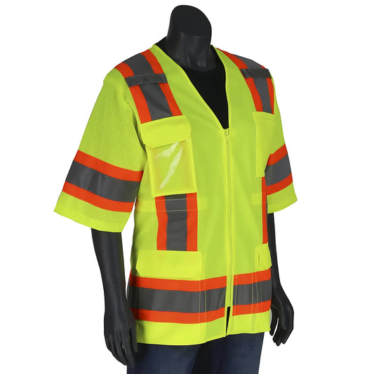 Pip 303-0513-Ly/S Ansi Type R Class 3 Women'S Contoured Two-Tone Eleven Pocket Surveyors Vest With Solid Front And Mesh Back 303-0513-LYS-14649
