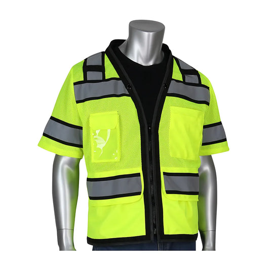 Pip 303-0800D-Ly/L Ansi Type R Class 3 Black Two-Tone Eleven Pocket Tech-Ready Mesh Surveyors Vest With "D" Ring Access 303-0800D-LYL-14681