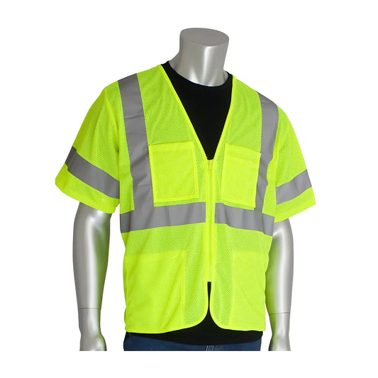 Pip 303-Mvgz4P-Ly/Xl Ansi Type R Class 3 Value Four Pocket Zipper Mesh Vest 303-MVGZ4P-LYXL-14830