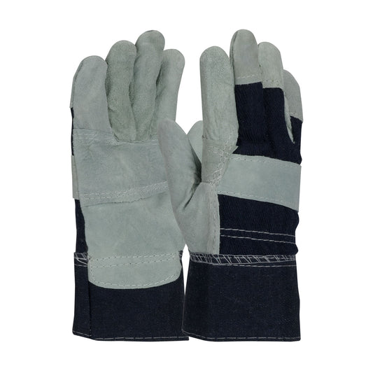 PIP 85-DB7563P Economy Grade Split Cowhide Leather Patch Palm Glove with Denim Back - Denim Safety Cuff