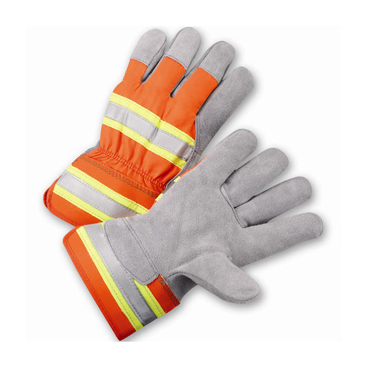 West Chester HVO500/S Premium Grade Split Cowhide Leather Palm Glove with Hi-Vis Fabric Back - Rubberized Safety Cuff