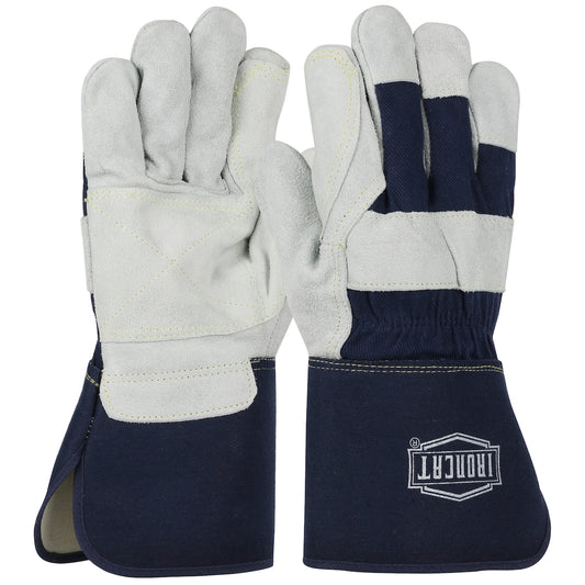 West Chester IC8DP/L Premium Split Cowhide Leather Double Palm Glove with Fabric Back and Kevlar Stitching - Rubberized Gauntlet Cuff