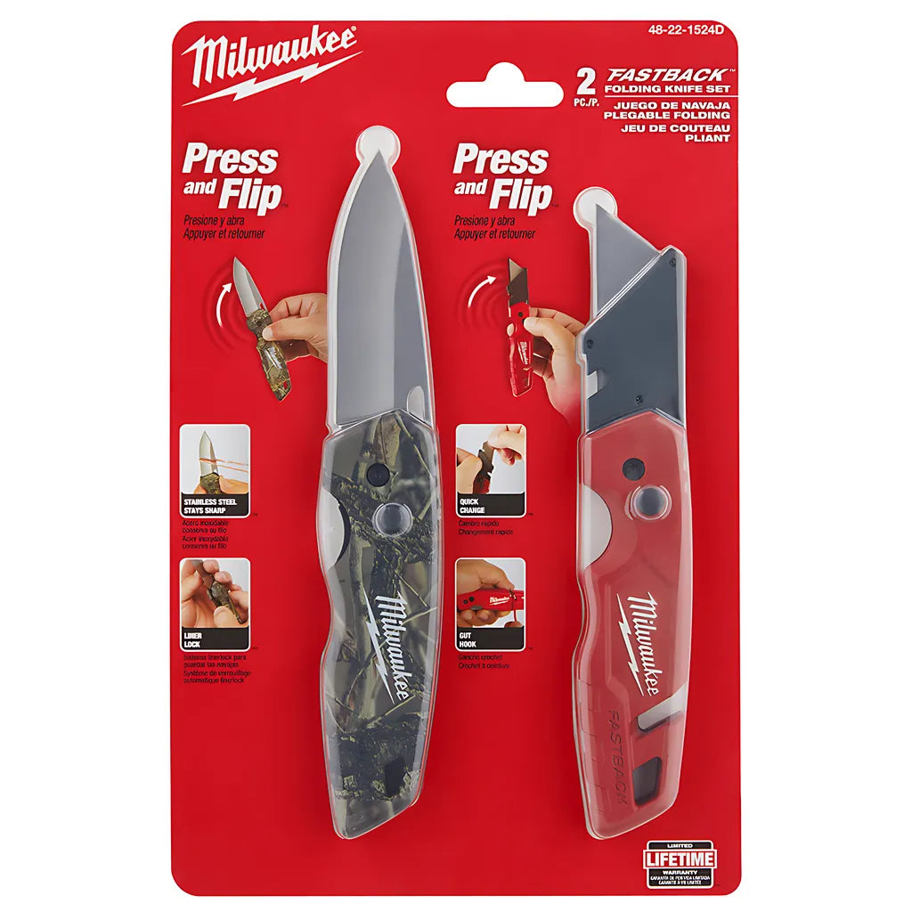 2 Pk Fastback Camo Folding Knife/Folding Utility Knife Set-Milwaukee-48-22-1524D-5069
