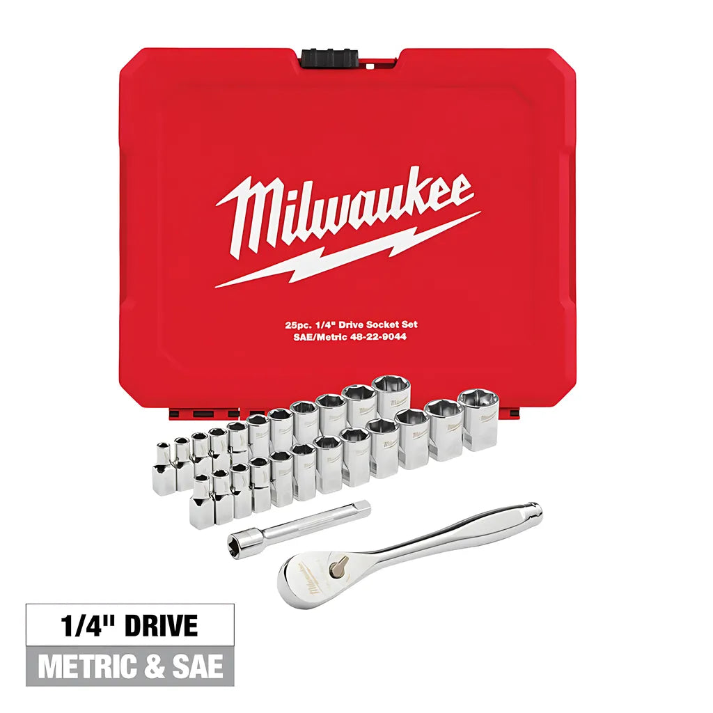 25Pc 1/4" Drive Metric & Sae Ratchet And Socket Set With Four Flat Sides-Milwaukee-48-22-9044-5373