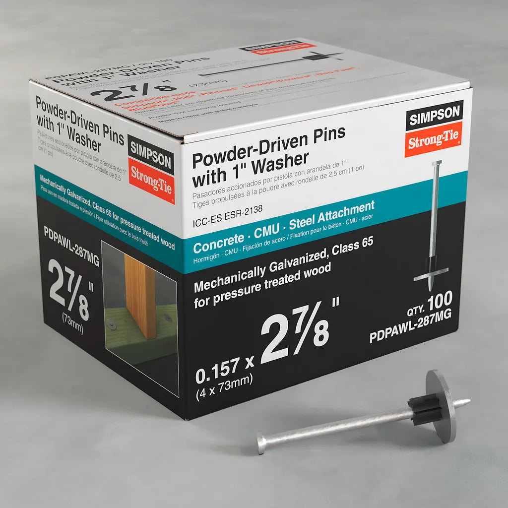 Pdpawl .157 In. X 2-7/8 In. Mechanically Galvanized Powder-Actuated Pin W/ 1 In. Washer (100-Qty)-PDPAWL-287MG-SP5436-5832