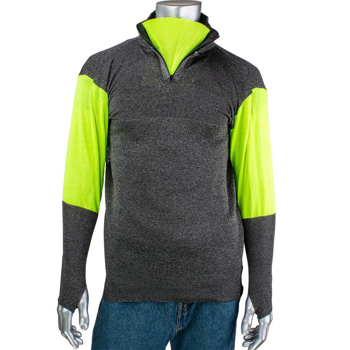 PIP PJG145-3CM-HVB-TH-2XL ATA Blended Cut Resistant 1/4 Zip Pullover with Hi-Vis Sleeves and Thumb Holes