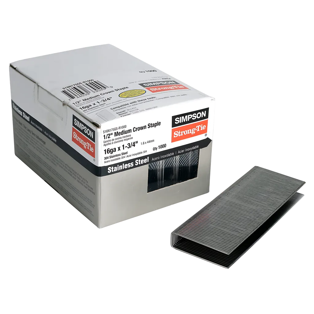 1/2-In. Crown, 16-Gauge Staples - 1-3/4 In. Type 304 Stainless Steel (1000-Qty) (Pack Of 6)-S16N175GS-R1000-SP114-211