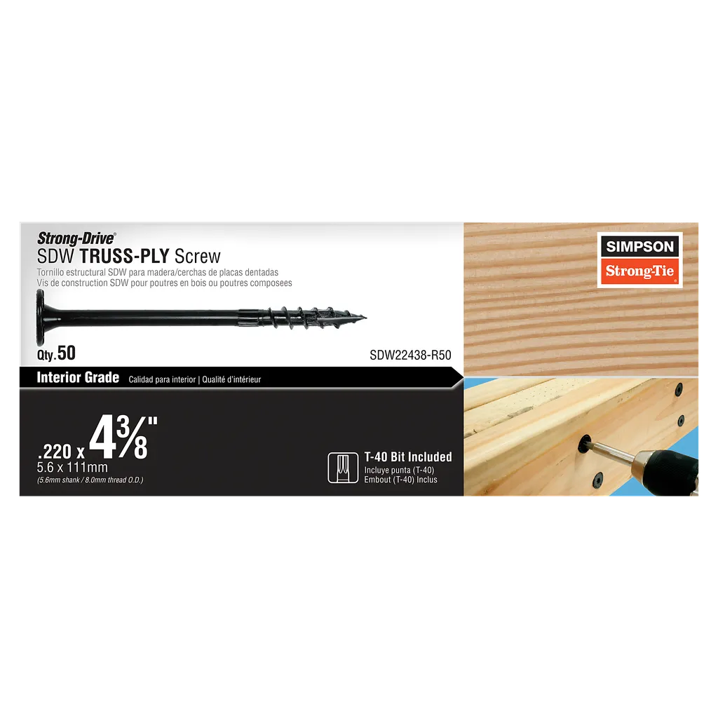 Strong-Drive® Sdw Truss-Ply Screw - .220 In. X 4-3/8 In. T40 6-Lobe E-Coat® (50-Qty) (Pack Of 4)-SDW22438-R50-SP740-877