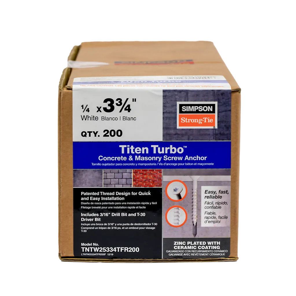 Titen Turbo - 1/4 In. X 3-3/4 In. 6-Lobe Flat-Head Concrete And Masonry Screw, White (200-Qty)-TNTW25334TFR200-SP132-232