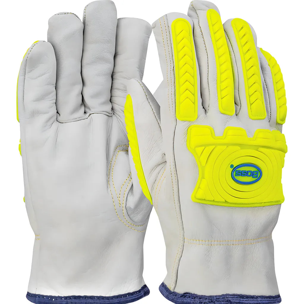 Boss 09-Lc571Mp/M Economy Top Grain Goatskin Leather Drivers Glove With Hppe Blend Lining And Hi-Vis Impact Protection 09-LC571MPM-7993