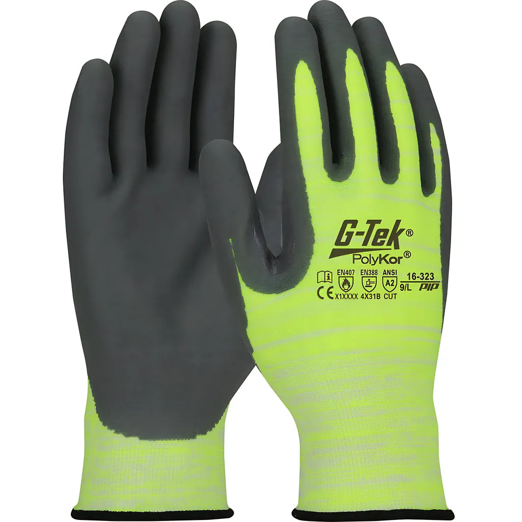 G-Tek 16-323/L Hi-Vis Seamless Knit Polykor Blended Glove With Nitrile Coated Foam Grip On Palm & Fingers 16-323L-9380