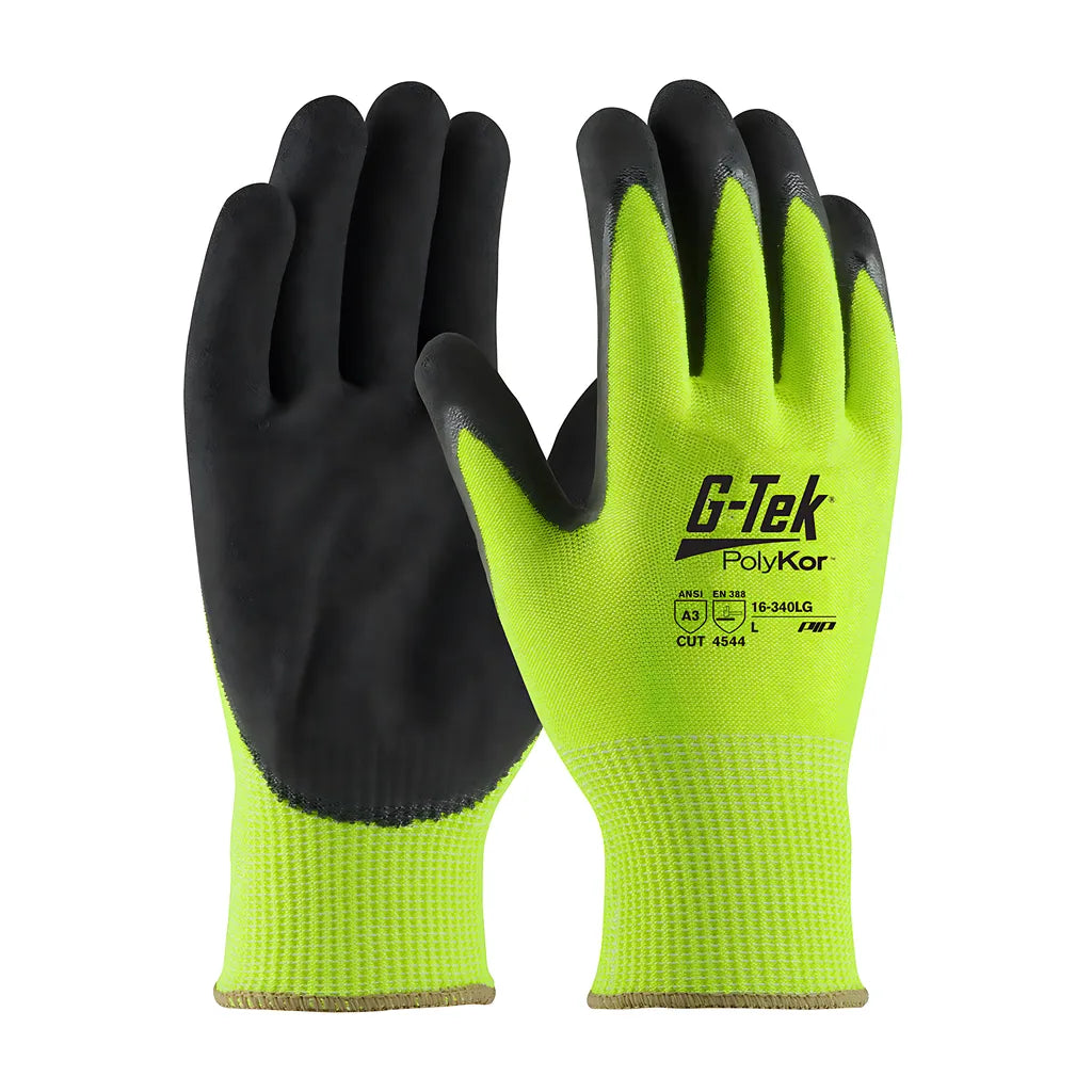 G-Tek 16-340Lg/L Hi-Vis Seamless Knit Polykor Blended Glove With Double-Dipped Nitrile Coated Microsurface Grip On Palm & Fingers 16-340LGL-9424