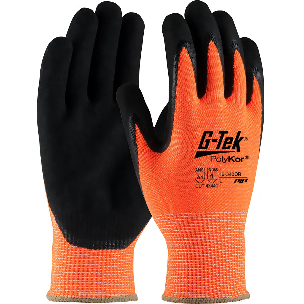 G-Tek 16-340Or/L Hi-Vis Seamless Knit Polykor Blended Glove With Double-Dipped Nitrile Coated Microsurface Grip On Palm & Fingers 16-340ORL-9431