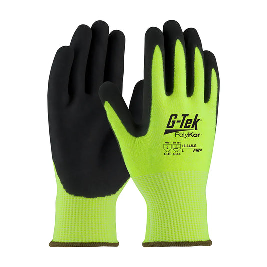 G-Tek 16-343Lg/L Hi-Vis Seamless Knit Polykor Blended Glove With Double-Dipped Nitrile Coated Microsurface Grip On Palm & Fingers 16-343LGL-9437