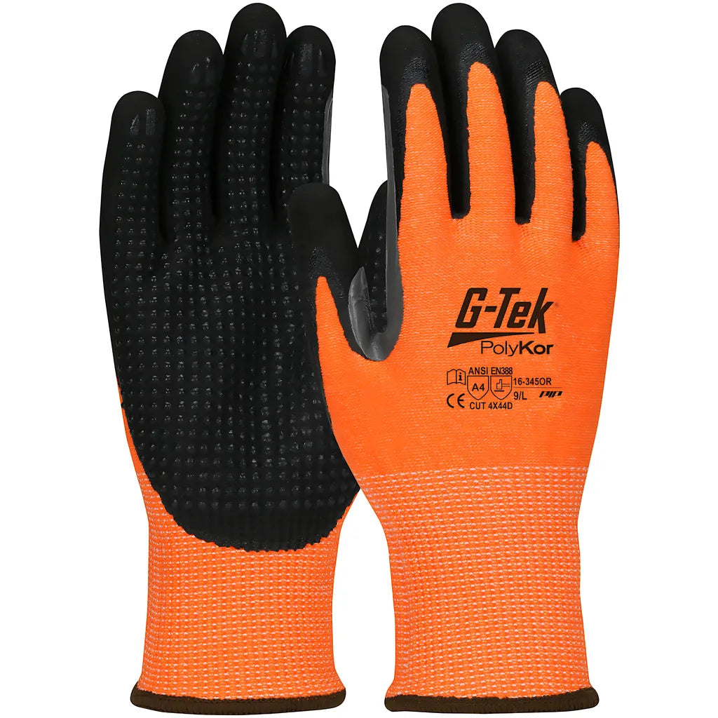 G-Tek 16-345Or/Xl Hi-Vis Seamless Knit Polykor Blended Glove With Double-Dipped Nitrile Coated Microsurface Grip On Palm & Fingers, Micro Dot Palm And Extended Thumb Crotch 16-345ORXL-9444