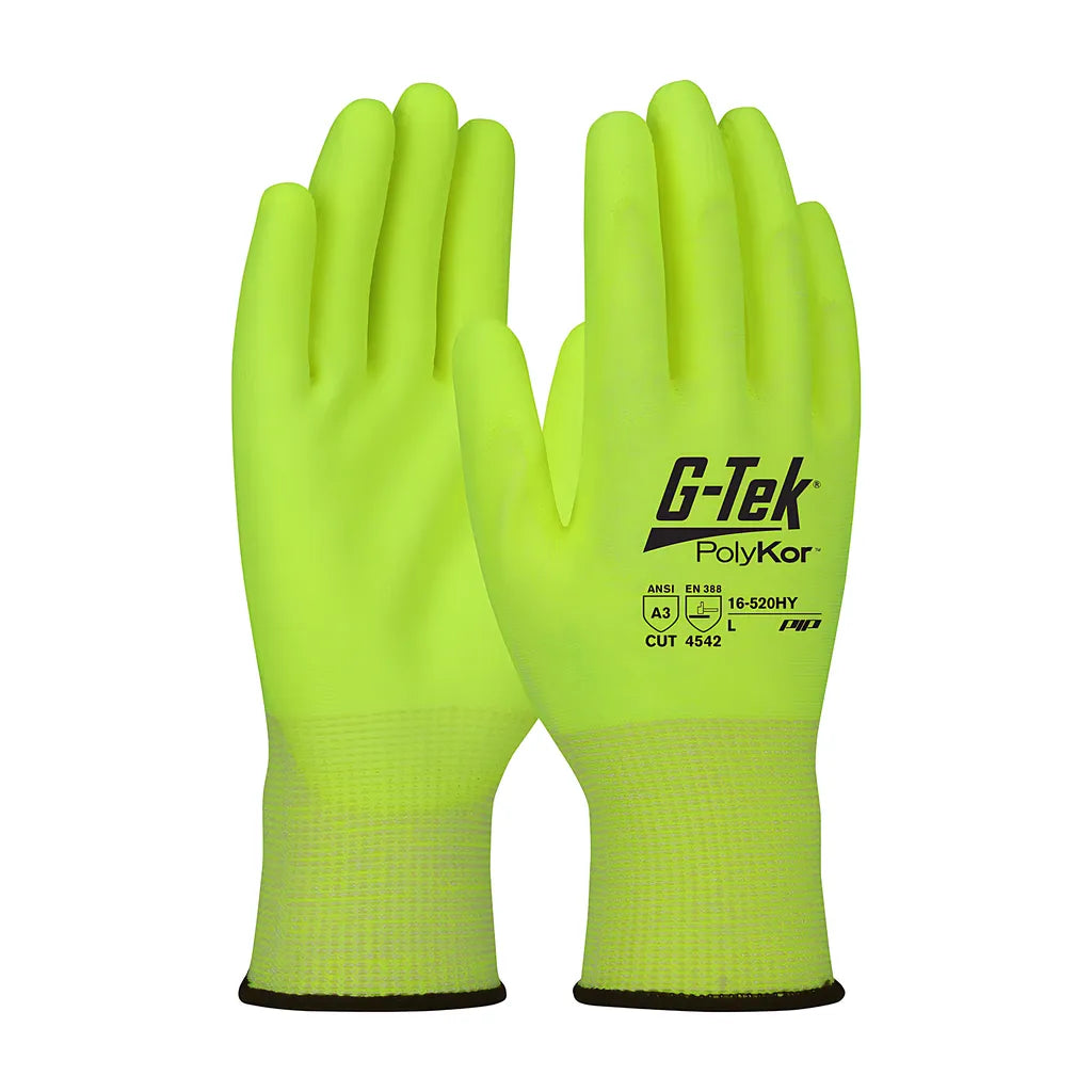 G-Tek 16-520Hy/L Hi-Vis Seamless Knit Polykor Blended Glove With Polyurethane Coated Flat Grip On Palm & Fingers 16-520HYL-9507