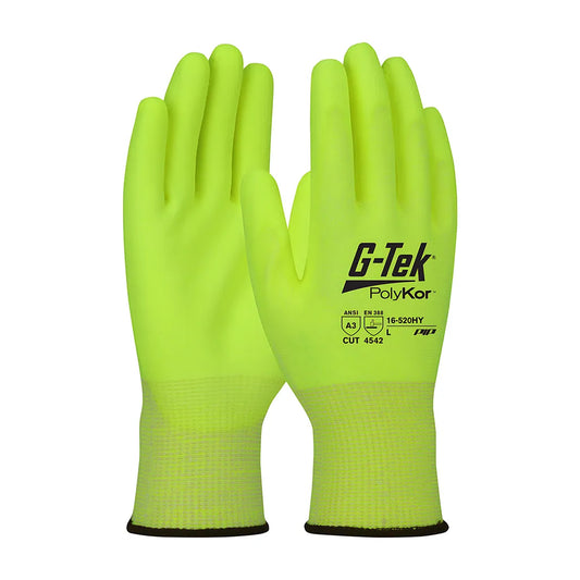 G-Tek 16-520Hy/S Hi-Vis Seamless Knit Polykor Blended Glove With Polyurethane Coated Flat Grip On Palm & Fingers 16-520HYS-9505